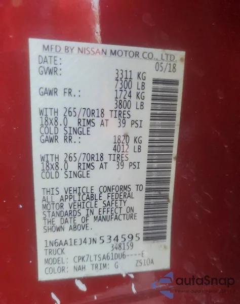 2018 Nissan Titan S from USA, damaged, VIN 1N6AA1EJ4JN534595